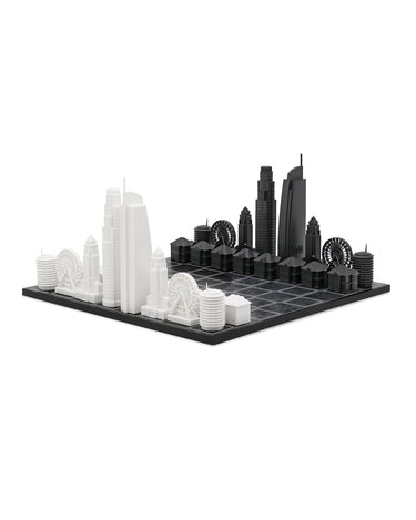 Acrylic Los Angeles architecture chess pieces by Skyline Chess on the wood map board