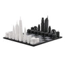 Acrylic New York vs Los Angeles architecture chess pieces by Skyline Chess on the wood hatch board