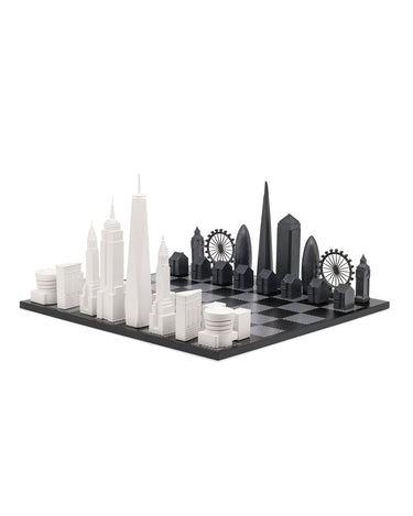 Acrylic London vs New York architecture chess pieces by Skyline Chess on the black & white hatch board