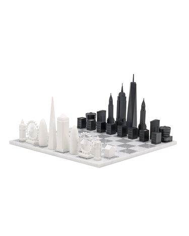 Acrylic London vs New York architecture chess pieces by Skyline Chess on the marble hatch board