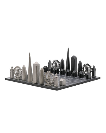 Stainless Steel London architecture chess pieces by Skyline Chess on the wood map board