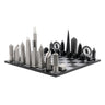 Stainless Steel London vs Chicago architecture chess pieces by Skyline Chess on the black & white hatch board