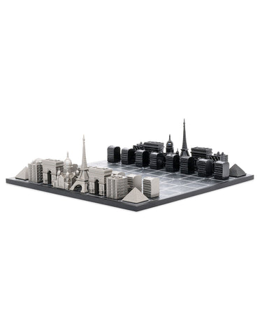 Stainless Steel Paris architecture chess pieces by Skyline Chess on the wood map board