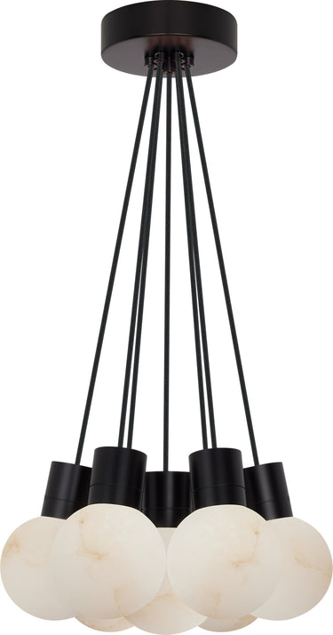 Mina Alabaster 7-Light Small Chandelier by Sean Lavin in Black, seven alabaster globes hanging on cords from a round canopy