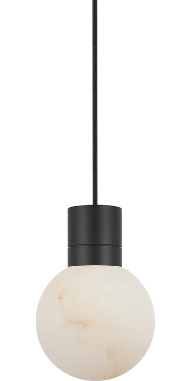 Mina Alabaster Small Pendant by Sean Lavin in Black, a single laser-etched alabaster sphere hanging from a black cord with a black socket