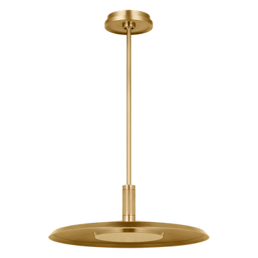 Visual Comfort Saucer Large Pendant: A modern, minimalist brass ceiling light with an integrated dimmable LED for a dining room.