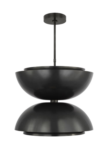 Double dome LED pendant ceiling light by Visual Comfort, 26" wide, for kitchen islands or dining areas in dark bronze finish