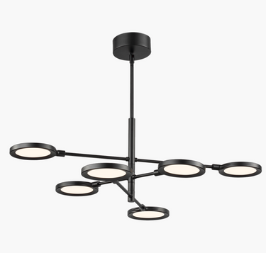Sleek LED chandelier with rotating heads for modern kitchen lighting, matte black finish