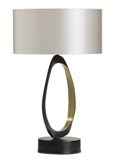 Stella table lamp with an open bronze ring lined in satin brass and a dove grey silk drum shade, studio view