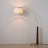 Nova of California Taper Arc Floor Lamp Walnut Wood Weathered Brass White Cotton Linen Shade
