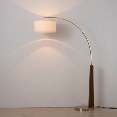 Nova of California Taper Arc Floor Lamp Walnut Wood Weathered Brass White Cotton Linen Shade