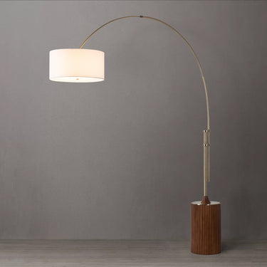 Nova of California Tambo Arc Floor Lamp Dark Walnut Wood Weathered Brass Tambour Base White Linen Shade