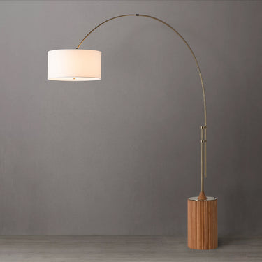 Nova of California Tambo Arc Floor Lamp Natural Ash Wood Weathered Brass Tambour Base White Linen Shade