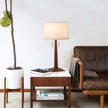 Nova of California Taper Table Lamp Dark Walnut Wood White Linen Shade
