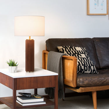 Nova of California Tambo Table Lamp Dark Walnut Wood Weathered Brass White Linen Shade