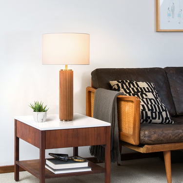 Nova of California Tambo Table Lamp Natural Ash Wood Weathered Brass White Linen Shade