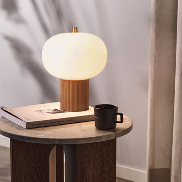 Nova of California Tambo Accent Table Lamp Natural Ash Wood Weathered Brass White Linen Shade