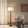 Nova of California Taper Floor Lamp Dark Walnut Wood Weathered Brass White Linen Shade