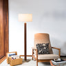 Nova of California Tambo Floor Lamp Dark Walnut Wood Weathered Brass White Linen Shade