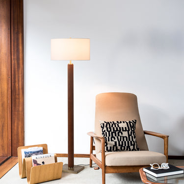 Nova of California Tambo Floor Lamp Dark Walnut Wood Weathered Brass White Linen Shade