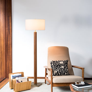 Nova of California Tambo Floor Lamp Natural Ash Wood Weathered Brass White Linen Shade