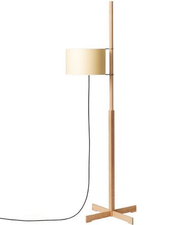 TMM Floor Lamp by Santa & Cole with beech wood structure and adjustable parchment shade in modern living room