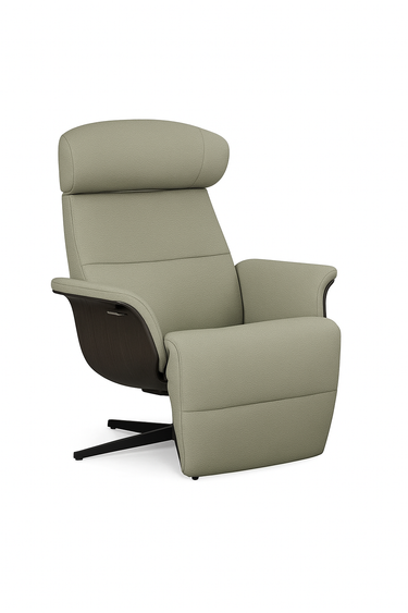 Scandinavian modern Timeout Recliner with swivel foot and matching footstool in taupe fabric for living room comfort