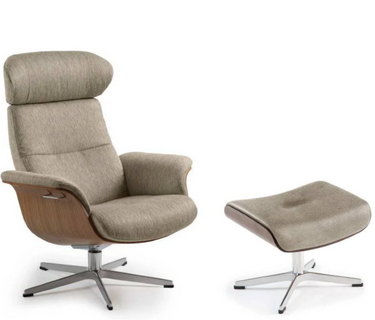 Conform Sweden Timeout Recliner in taupe fabric with swivel base and matching footstool