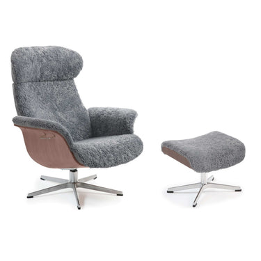 Conform Sweden Timeout Recliner in graphite grey sheepskin with walnut swivel base and matching footstool
