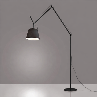 Artemide Tolomeo Mega LED floor lamp in bedroom corner lighting setup in black shade and black finish