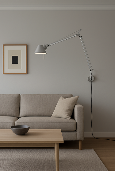 Artemide Tolomeo wall-mounted adjustable task light with S bracket and dimmable articulated arm in a contemporary living room