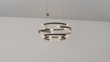 Trace Circular Halo chandelier with two stacked tiers of curved bronze strands and glass shades, studio view