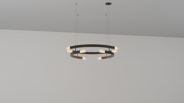 Trace Circular Large chandelier, a single ring of overlapping curved bronze strands with glass shades, studio view