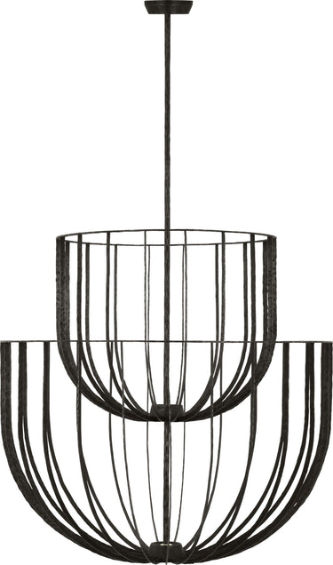 Sanchi Large Two Tier Chandelier by Sean Lavin in Aged Iron, two open ribbon baskets stacked on a rod from a round canopy