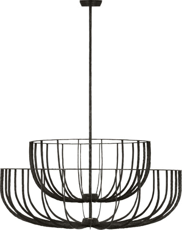 Sanchi X-Large Two Tier Chandelier by Sean Lavin in Aged Iron, two open ribbon baskets stacked on a rod from a round canopy