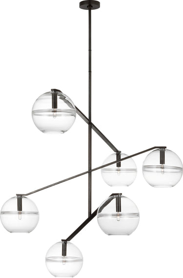 Lowing Grande Chandelier by Sean Lavin in Blackened Forged, six clear glass globes hanging from slanted arms on a central stem