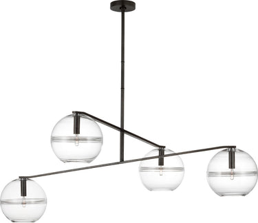 Lowing Medium Chandelier by Sean Lavin in Blackened Forged, four clear glass globes hanging from slanted arms on a central stem