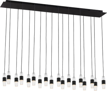 Lassell Short 18-Light linear chandelier by Sean Lavin in Nightshade Black, two rows of crystal tubes hanging on black cords from a long rectangular canopy