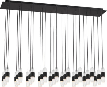 Lassell Short 27-Light linear chandelier by Sean Lavin in Nightshade Black, three rows of crystal tubes hanging on black cords from a long rectangular canopy