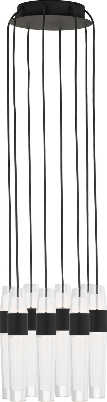 Lassell 8-Light chandelier by Sean Lavin in Nightshade Black, eight crystal tubes with brass bands hanging on black cords from a round canopy
