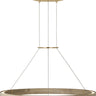 Ashok 31 Chandelier by Sean Lavin in Hand-Rubbed Antique Brass, angled view of the lit wood ring hung from three cables under a brass canopy