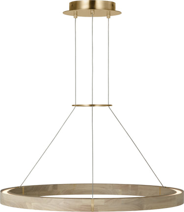 Ashok 31 Chandelier by Sean Lavin in Hand-Rubbed Antique Brass, angled view of the lit wood ring hung from three cables under a brass canopy