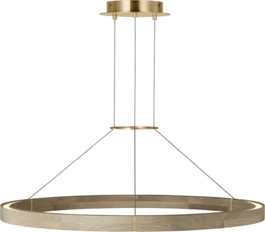 Ashok 37 Chandelier by Sean Lavin in Hand-Rubbed Antique Brass, angled view of the lit wood ring hung from three cables under a brass canopy