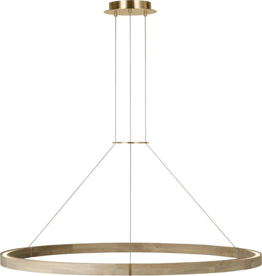 Ashok 49 Chandelier by Sean Lavin in Hand-Rubbed Antique Brass, angled view of the lit wood ring hung from three cables under a brass canopy