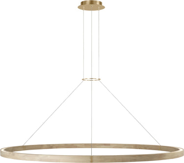Ashok 65 Chandelier by Sean Lavin in Hand-Rubbed Antique Brass, angled view of the lit wood ring hung from three cables under a brass canopy