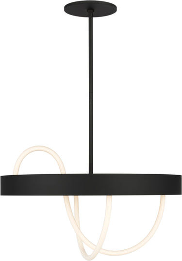 Uneri 28 Chandelier by Sean Lavin in Nightshade Black, black steel ring on a single rod with a lit woven rope looping below