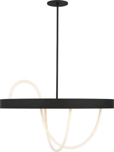 Uneri 38 Chandelier by Sean Lavin in Nightshade Black, black steel ring on a single rod with a lit woven rope looping below