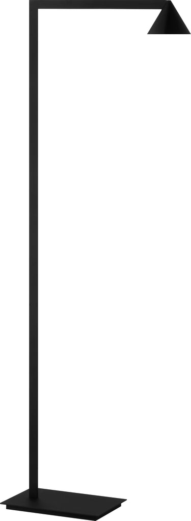 Midrand 42 floor lamp in Nightshade Black, three-quarter view of the upright post, overhead arm, conical head and flat rectangular base