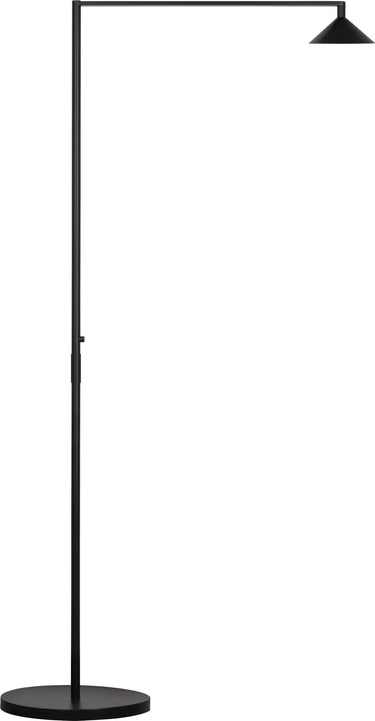 Mill Outdoor Grande floor lamp in Black, full height side view with overhead arm, conical shade and round base
