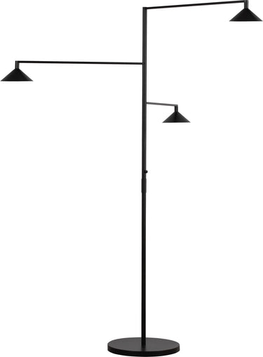 Mill 3-Light Outdoor Grande floor lamp in Black, full height view with three arms, conical shades and round base